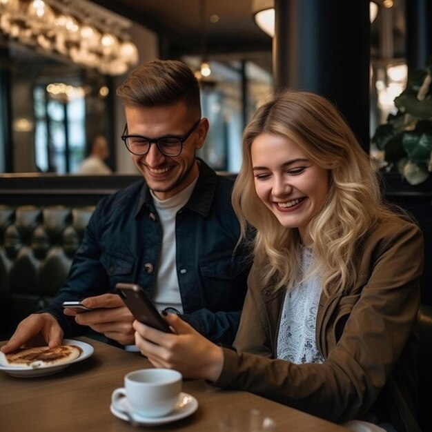 schönes junges Paar, das ein Smartphone benutzt und lächelt, während es im Café sitzt