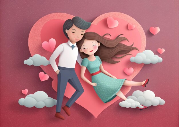 Schönes junges Paar träumt von seinem zukünftigen Herz Hintergrund Papierkunststil