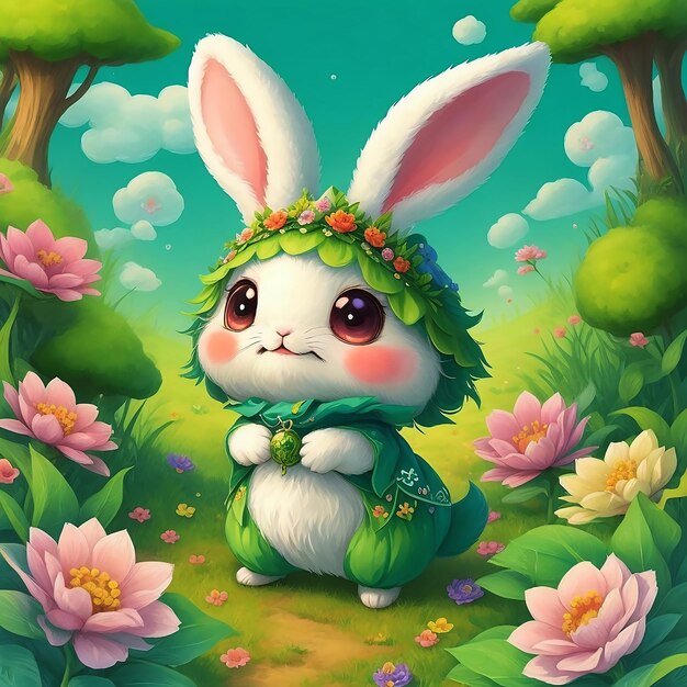 Schönes Kaninchen als Osternähnchen sitzt mit Ostereiern und Blumen