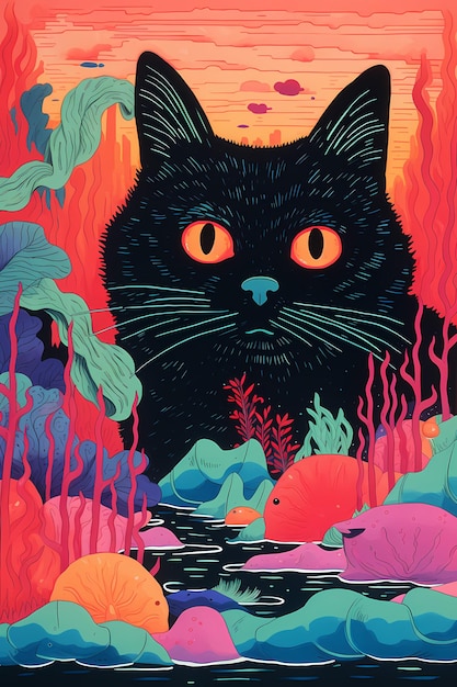 Schönes Katzenposter mit farbenfrohem und künstlerischem Stil