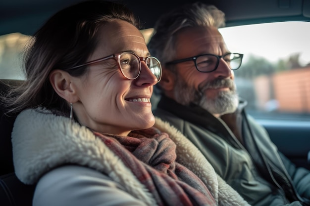 Schönes kaukasisches Paar im mittleren Alter fährt ein Auto und genießt das Leben Geistesgesundheit Arbeitsleben Gleichgewicht glückliches Konzept des mittleren Lebens KI Generierte Inhalte