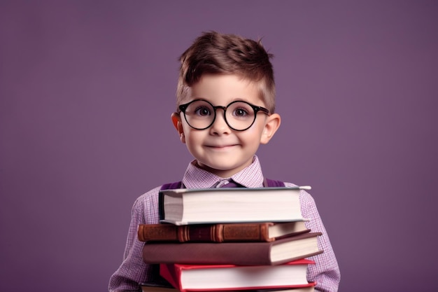 Schönes Kind mit Brille, das Bücher hält und bereit ist, auf lila Hintergrund zur Schule zurückzukehren