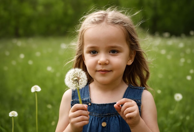 Schönes Kind mit Löwenzahnblüte im Frühling