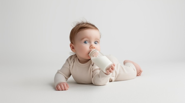 Schönes kleines Baby mit einer Milchflasche auf weißem Hintergrund