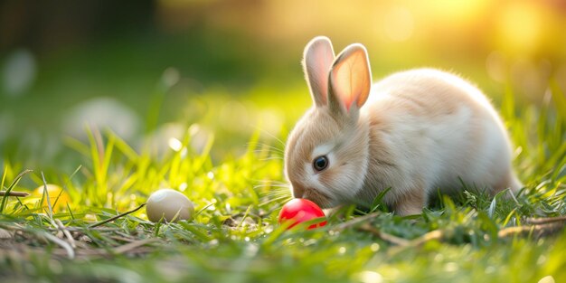 Schönes kleines Kaninchen mit Ostereiern auf grünem Gras im Gartenkopierraum