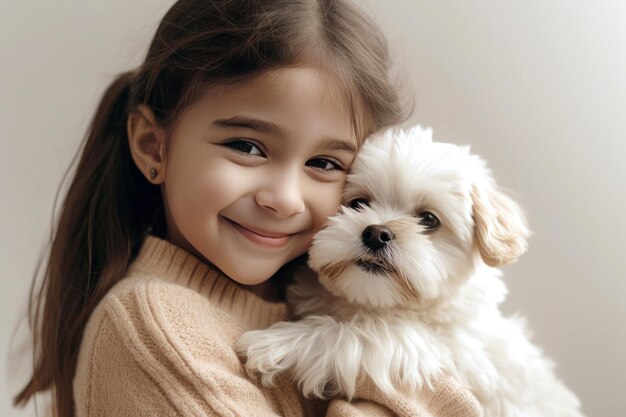 Schönes kleines Mädchen, das einen süßen Hund umarmt