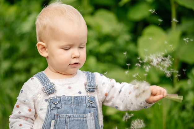 Schönes kleines Mädchen hat Spaß mit einer Löwenzahnblume im Sommerpark. Glückliches niedliches Baby im Jeansoverall im Freien.