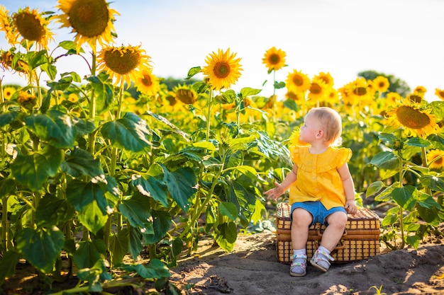 Schönes kleines Mädchen im blühenden Sonnenblumenfeld im Sommer