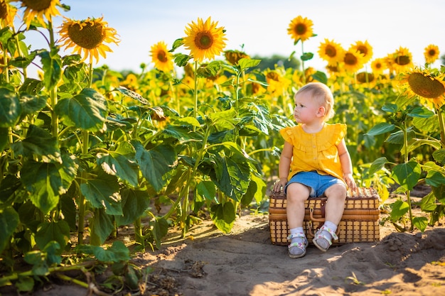 Schönes kleines Mädchen im blühenden Sonnenblumenfeld im Sommer