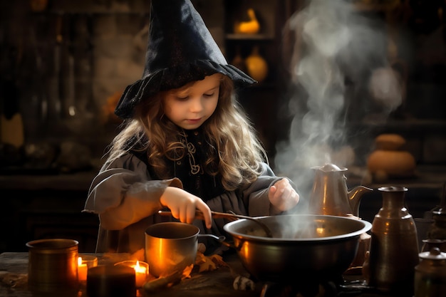 Foto schönes kleines mädchen in hexenkostüm mit kürbissen halloween-konzept