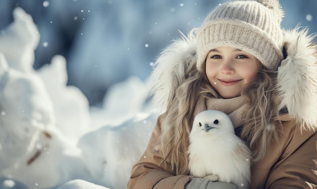 Schönes kleines Mädchen mit Vogel Bei kaltem Wetter und Schneefall Winterferien Weihnachtsreise