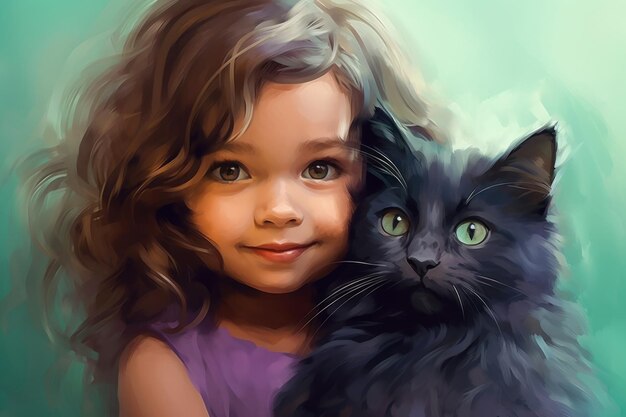Schönes kleines Mädchen und schwarze Katze Lächelndes Kind mit Haustier