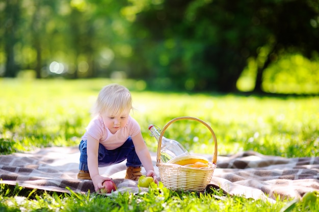 Schönes Kleinkindkind, das ein Picknick im sonnigen Park hat