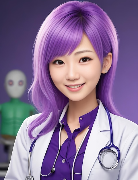 Schönes, lächelndes, 21-jähriges japanisches Mädchen, Arzt mit mehrfarbigen Haaren