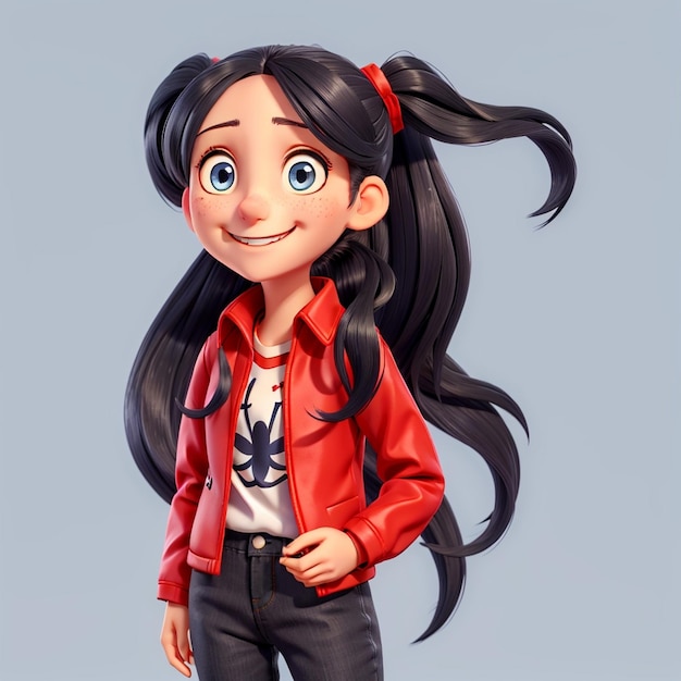 Schönes lächelndes Mädchen der Zeichentrickfigur mit langen Haaren, blauen Augen, einfachem Hintergrund