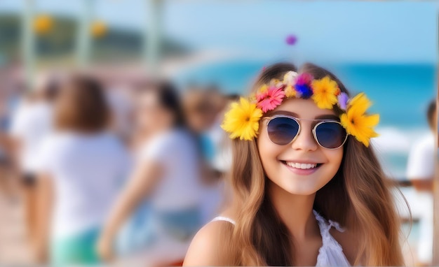 Schönes lächelndes Mädchen mit Sonnenbrille und Blumen auf dem Kopf am Strand am Meer