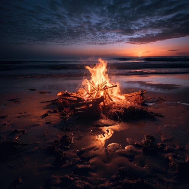 Foto schönes lagerfeuer in der mitte eines strandes