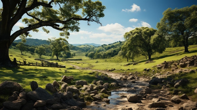 Foto schönes landschaftsbild eines flusses, der durch ein grünes feld mit bäumen und felsen fließt