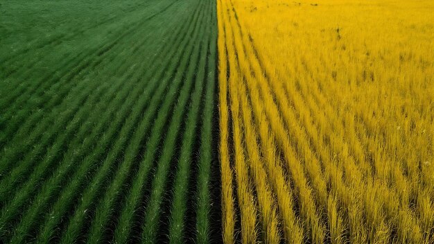 Schönes landwirtschaftliches halb grün, halb gelbes Grasfeld, das mit einer Drohne aufgenommen wurde