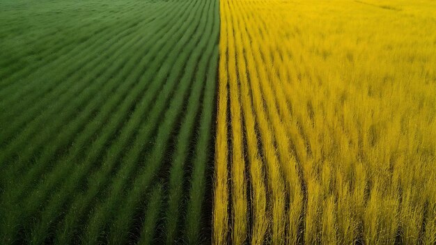 Schönes landwirtschaftliches halb grün, halb gelbes Grasfeld, das mit einer Drohne aufgenommen wurde