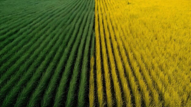 Schönes landwirtschaftliches halb grün, halb gelbes Grasfeld, das mit einer Drohne aufgenommen wurde