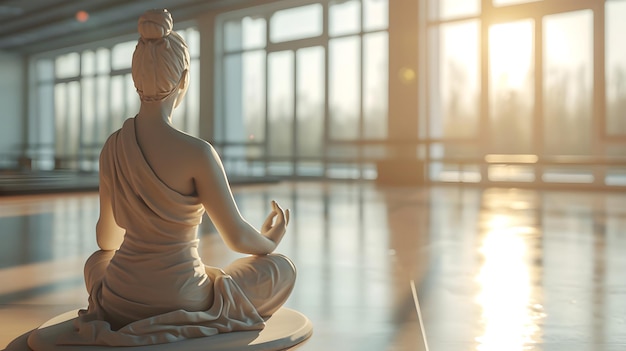 Schönes leeres Yoga-Studio mit Frauenstatue und Sonnenlichtern