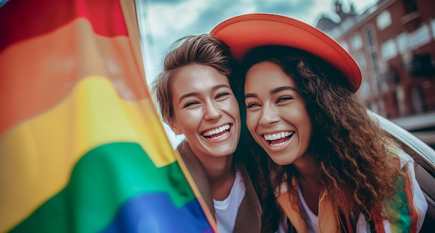 Schönes lesbisches Paar in einem Boot in Amsterdam, das LGBTQ-Stolz mit Regenbogenflaggenmustern feiert