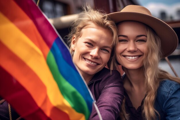 Schönes lesbisches Paar in einem Boot in Amsterdam, das LGBTQ-Stolz mit Regenbogenflaggenmustern feiert