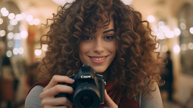 Schönes, lockiges Mädchen macht ein Selfie mit generativer KI