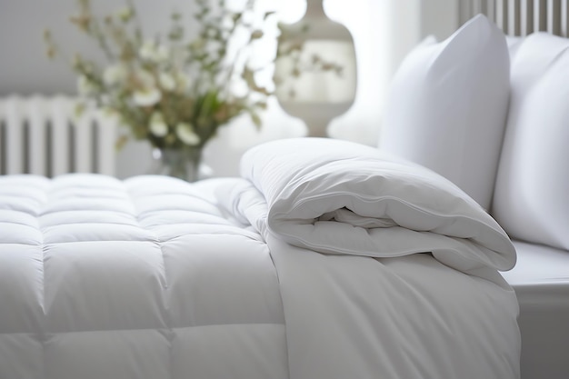 Schönes luxuriöses bequemes weißes Kissen und Decke auf dem Bett Dekoration Luxuriöses weißes Daunendecker