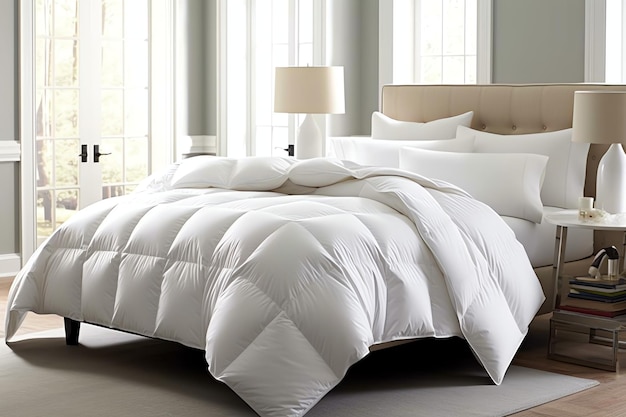 Schönes luxuriöses bequemes weißes Kissen und Decke auf dem Bett Dekoration Luxuriöses weißes Daunendecker