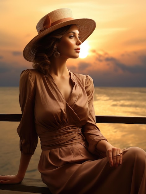 Schönes Mädchen auf einer Yacht, bronzefarbene Bräune und goldener Sonnenuntergang