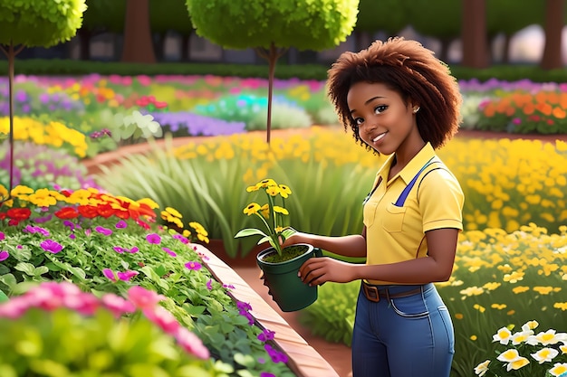 Schönes Mädchen, das als Gärtner arbeitet Afroamerikanisches Mädchen, das Blumen AI pflanzt