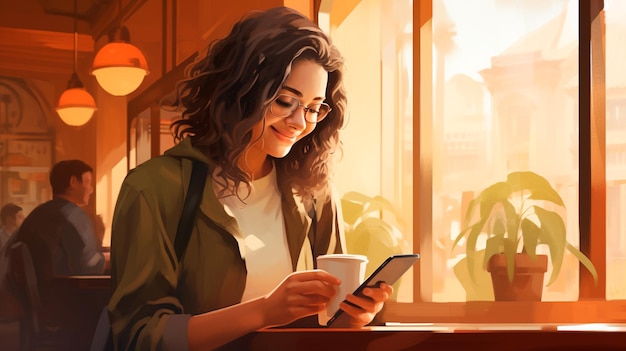 Schönes Mädchen, das ein Smartphone benutzt, während es an einem Tisch in einem Café sitzt