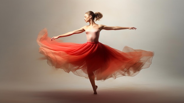 schönes Mädchen, das im roten Kleid tanzt