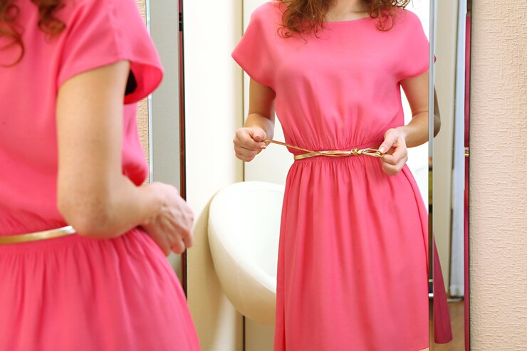Foto schönes mädchen, das kleid nahe spiegel im raum versucht
