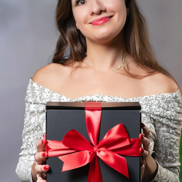 Schönes Mädchen hält eine schwarze Geschenkkiste mit einem roten Band