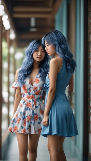 Schönes Mädchen im blauen kurzen Kleid mit blauen Haaren