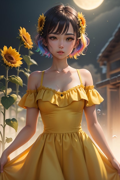 schönes Mädchen im gelben Kleid, dekoriert mit Sonnenblumenblüten, Hintergrundfotografie