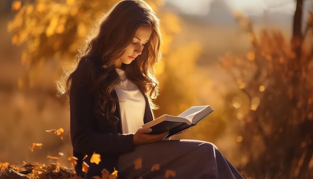 Schönes Mädchen im Herbstwald, das ein Buch liest