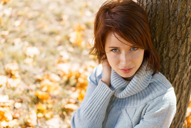 Schönes Mädchen im Herbstwald eine Frau sitzt an einem sonnigen Tag in einem K...