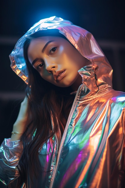 Schönes Mädchen im holografischen farbigen Luxuskleid oder Frau im Nachtclub-Modell mit silberner Jacke