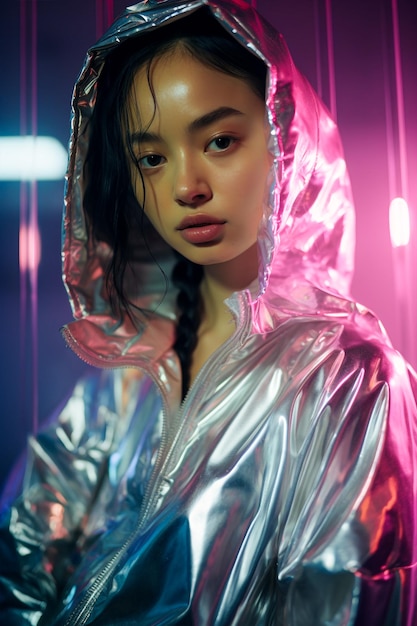 Schönes Mädchen im holografischen farbigen Luxuskleid oder Frau im Nachtclub-Modell mit silberner Jacke