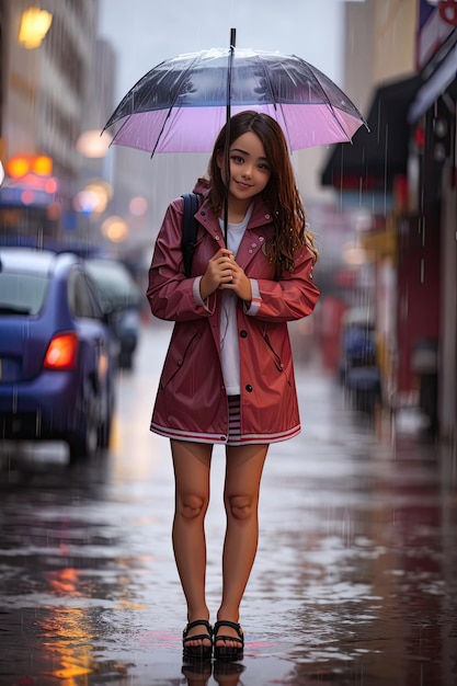 Schönes Mädchen im kurzen Kleid, das im Regen auf der Straße läuft