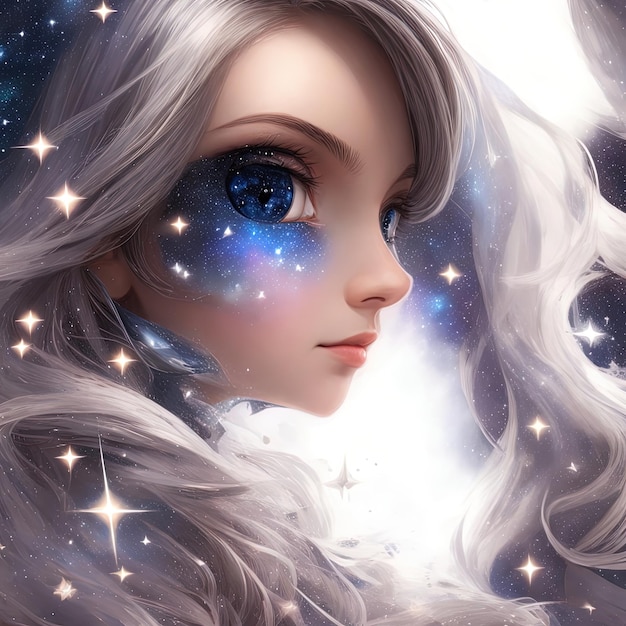 Schönes Mädchen im Raum mit Sternen und Nebel 3D-Illustration