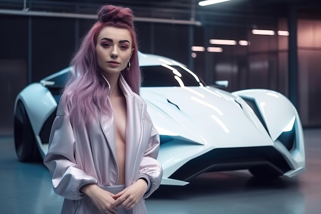 Schönes Mädchen in der Nähe von Luxus-Sportwagen sexy reiche Frau und futuristische autogenerative KI