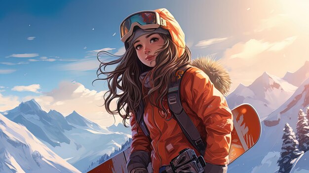 Schönes Mädchen in der Snowboarder-KI-Generation der Berge