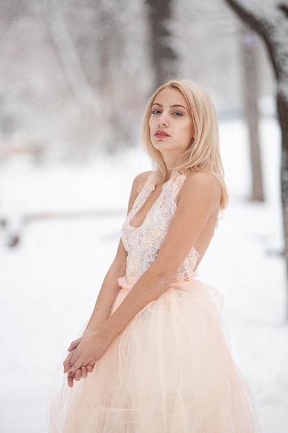 Schönes Mädchen in einem Ballkleid auf dem Hintergrund einer Winterlandschaft