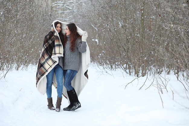 Schönes Mädchen in einem schönen Winterpark für einen Spaziergang