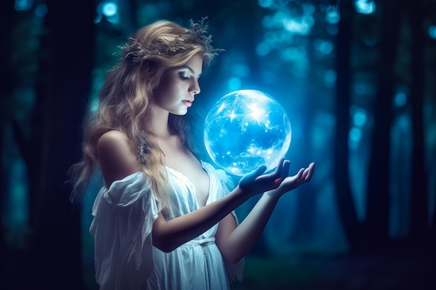 Schönes Mädchen in einer Nacht mit einem magischen Ball Astrologie und Zodiac Konzept Generative Ai